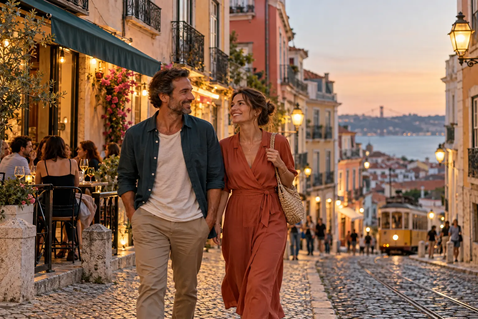 Paar bei einer abendlichen Städtereise in Lissabon